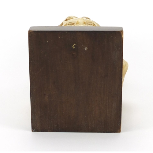 2068 - Wax bust of Beethoven raised on a rectangular mahogany block base, 28cm high
