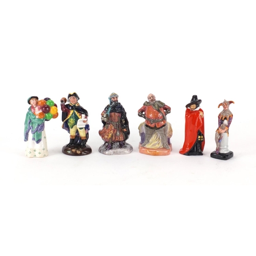 2122 - Six miniature Royal Doulton figures including The Jester HN3335, Town Crier HN3261 and The Balloon S... 