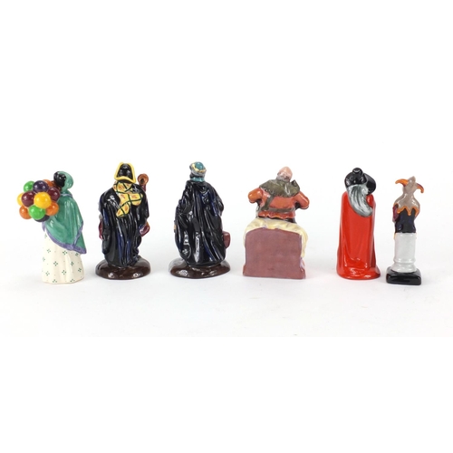 2122 - Six miniature Royal Doulton figures including The Jester HN3335, Town Crier HN3261 and The Balloon S... 