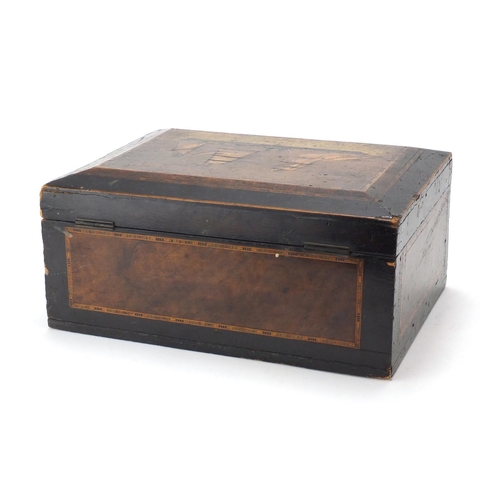 2125 - Victorian walnut sewing box, the hinged lid inlaid with a rigged ship, opening the reveal a fitted l... 