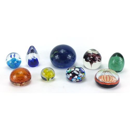 349 - Colourful glass paperweights including unsigned Mdina, a Victorian dump weight and F R Robert 19-9-1... 