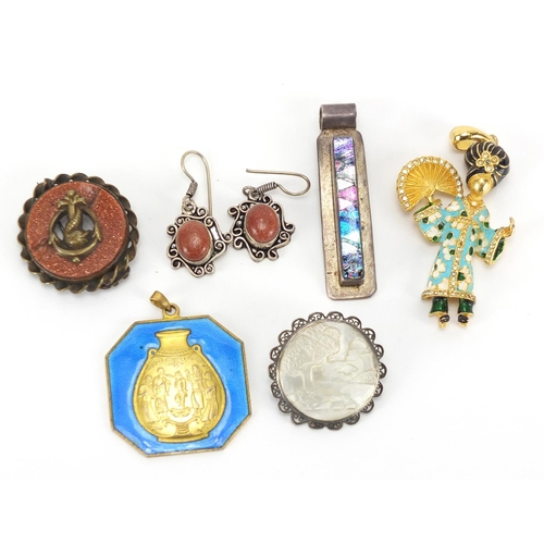 242 - Costume jewellery including sandstone earrings and brooch, enamelled Geisha girl pendant and Chinese... 