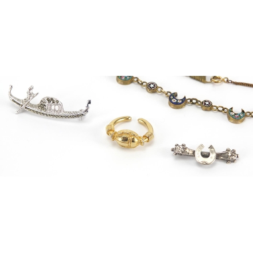 241 - Jewellery including a gilt metal micro mosaic necklace, Victorian silver horseshoe brooch and a scar... 