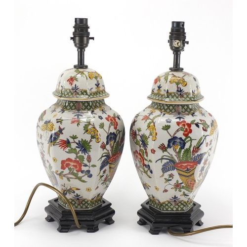 95 - Pair of decorative porcelain table lamps, decorated with birds and insects amongst flowers, 38cm hig... 