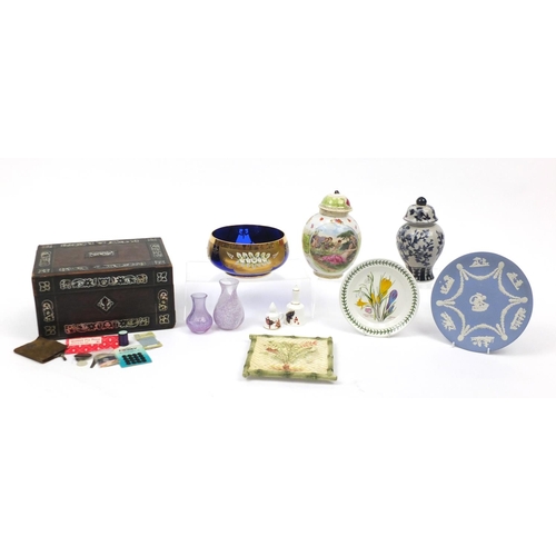 158 - China and glassware including Caithness vases, Wedgwood plate and a rosewood workbox with Mother of ... 
