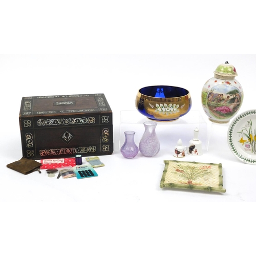 158 - China and glassware including Caithness vases, Wedgwood plate and a rosewood workbox with Mother of ... 