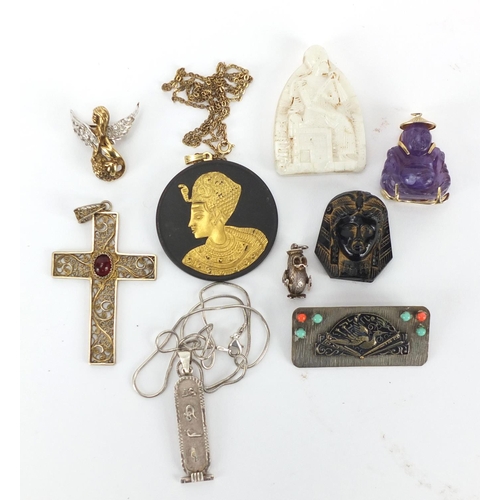 245 - Jewellery including Wedgwood black basalt pendant, silver filigree garnet cross pendant, silver gilt... 