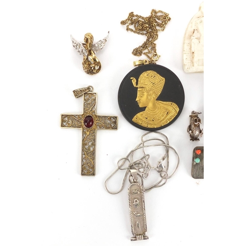 245 - Jewellery including Wedgwood black basalt pendant, silver filigree garnet cross pendant, silver gilt... 