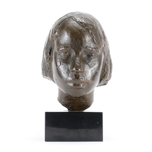 2186 - Patinated bronze bust of a young female, raised on a square black slate base, overall 35cm high
