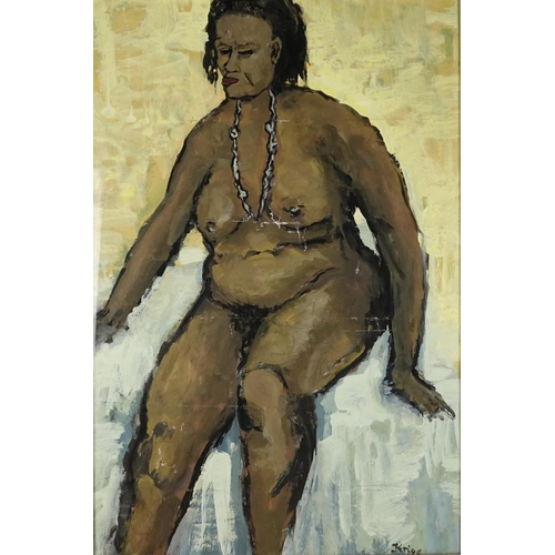 2167 - Portrait of a nude African female, watercolour and gouache on card, bearing a signature Krige, mount... 