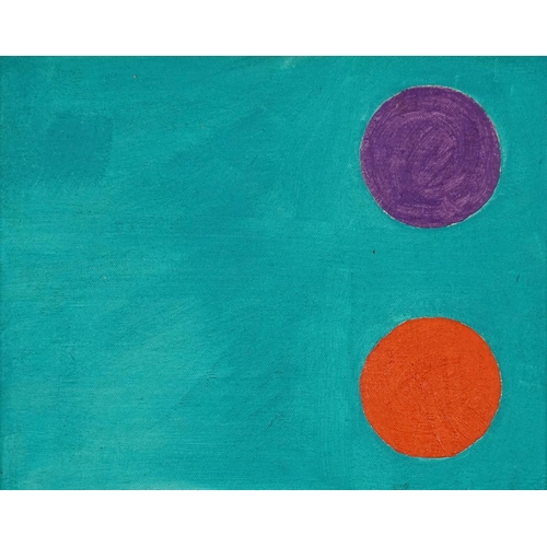2056 - After Patrick Heron - Two discs on turquoise, oil on masonite, inscribed verso, mounted and framed, ... 