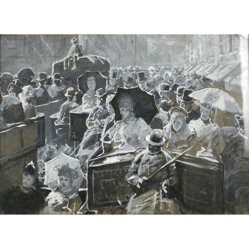 2090 - Lucien Davis RI - Rush hour Piccadilly, watercolour and sepia, inscribed verso, mounted and framed, ... 