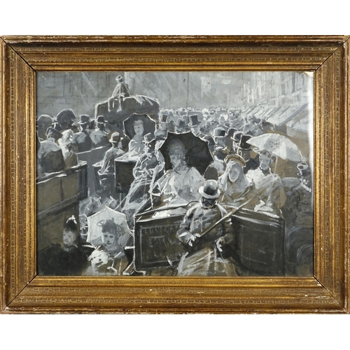 2090 - Lucien Davis RI - Rush hour Piccadilly, watercolour and sepia, inscribed verso, mounted and framed, ... 