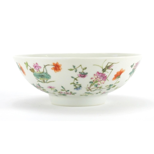 290 - Chinese porcelain footed bowl, finely hand painted in the famille rose palette with crickets amongst... 