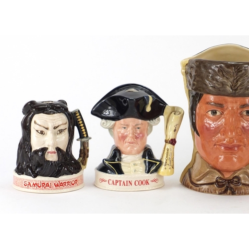 2106 - Four Royal Doulton Jim Beam Bourbon Whiskey character jugs and a Battle of the Alamo example, the la... 