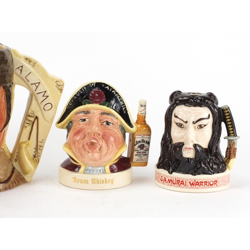 2106 - Four Royal Doulton Jim Beam Bourbon Whiskey character jugs and a Battle of the Alamo example, the la... 