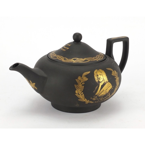 2077 - Wedgwood black basalt commemorative teapot, commissioned by R Twining & Company Limited, 14cm high