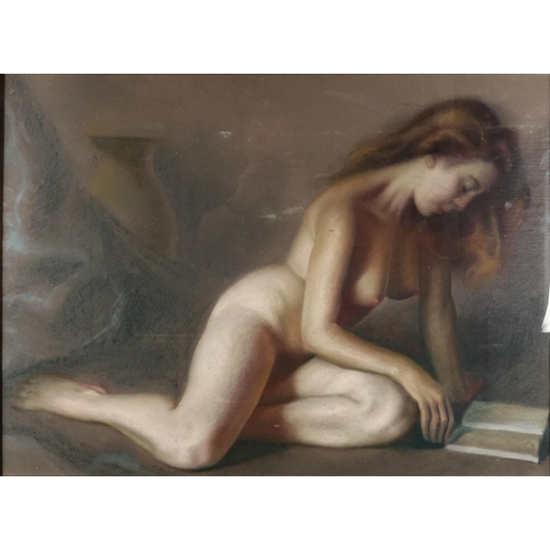 878 - Portrait of a nude female reading, Russian school pastel, framed, 83cm x 60cm