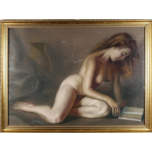 878 - Portrait of a nude female reading, Russian school pastel, framed, 83cm x 60cm