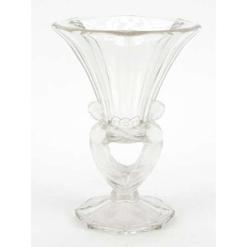 83 - Art Deco clear glass vase with figural support, 25cm high