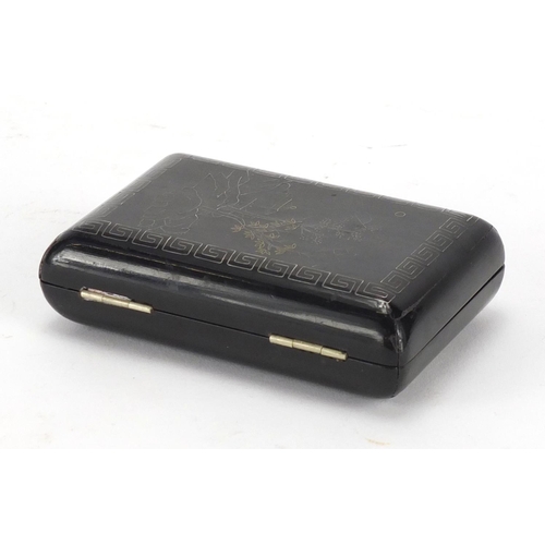 405 - Chinese black lacquer cigarette case, with silver coloured metal inlay, 9cm wide
