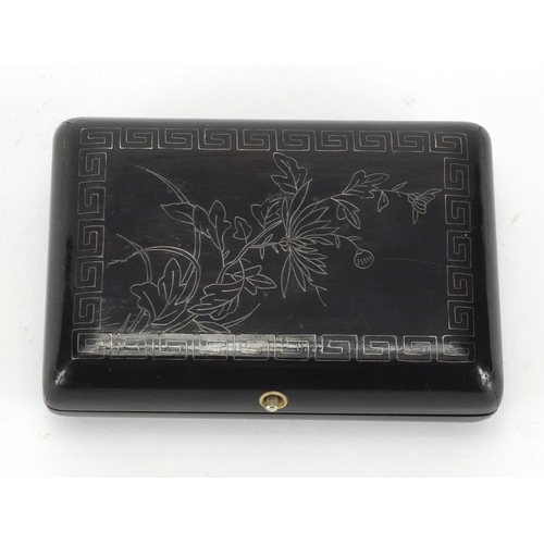 405 - Chinese black lacquer cigarette case, with silver coloured metal inlay, 9cm wide