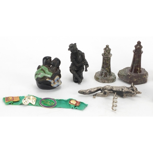411 - Objects including marble lighthouses, alabaster carving of a nude child and silver plated fox corksc... 