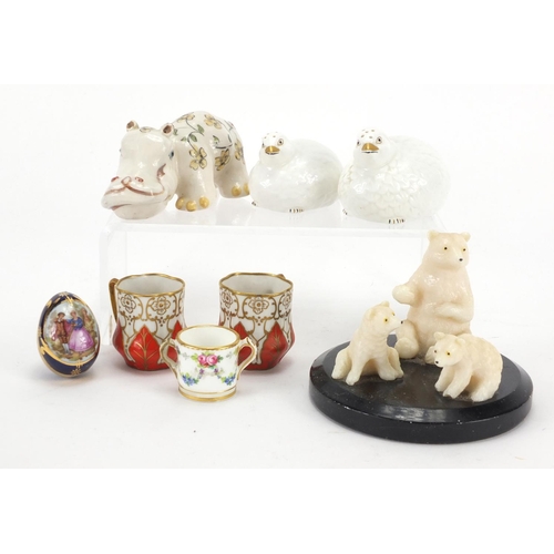 442 - China animals and trinkets including a hand painted Basil Matthews hippo and Aynsley quail castors