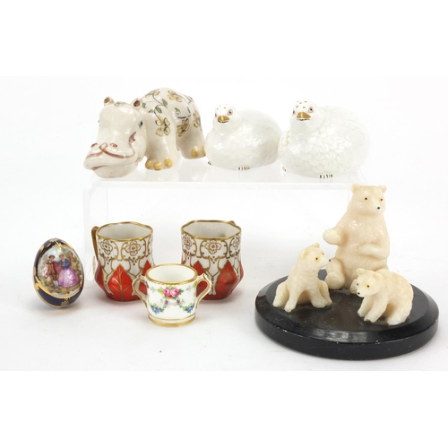 442 - China animals and trinkets including a hand painted Basil Matthews hippo and Aynsley quail castors