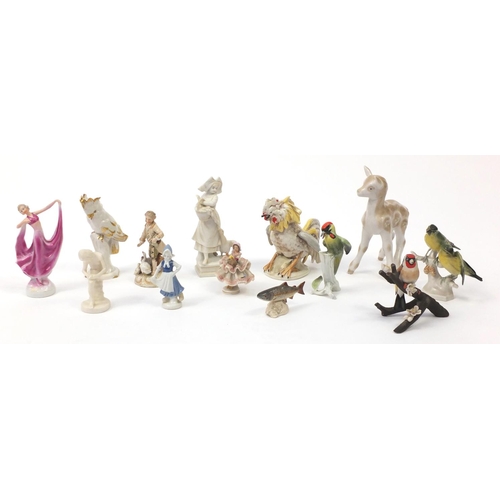 129 - China figures and animals including bird groups and Parian style figures