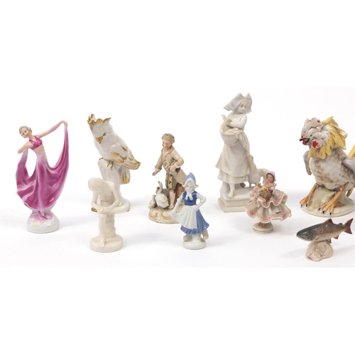 129 - China figures and animals including bird groups and Parian style figures
