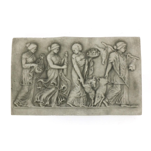 146 - Bronze style plaque of erotic figures and one of maidens carrying food, the largest 27.5cm x 16.5cm
