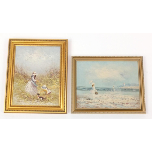 134 - Victorian figures with a dog and seascape, two oil on canvases, framed, each approximately 42cm x 32... 
