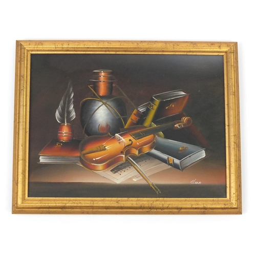 136 - Still life objects, oil on canvas, bearing a signature possibly Flora, framed, 40cm x 30cm