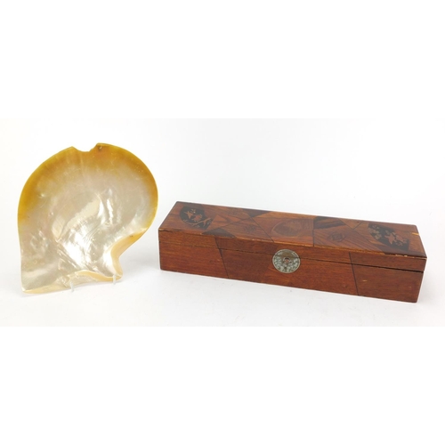 348 - Japanese lacquered pen box and a Mother of Pearl shell, the box 36cm wide