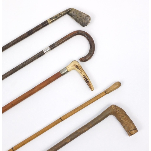 288 - Five walking sticks, one with horn handle and brass gold club handle