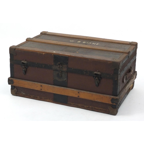 7 - Vintage wooden and metal bound pine trunk, 35cm H x 77cm W x 50cm D