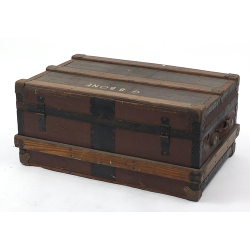 7 - Vintage wooden and metal bound pine trunk, 35cm H x 77cm W x 50cm D