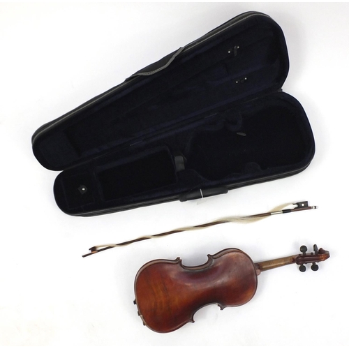 58 - Wooden violin with Antonius Stradiuarius paper label, with bow and protective carry case
