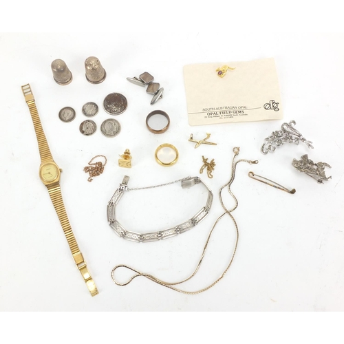 407 - Costume jewellery including a Charles Horner silver thimble, silver bracelet, marcasite brooches, la... 