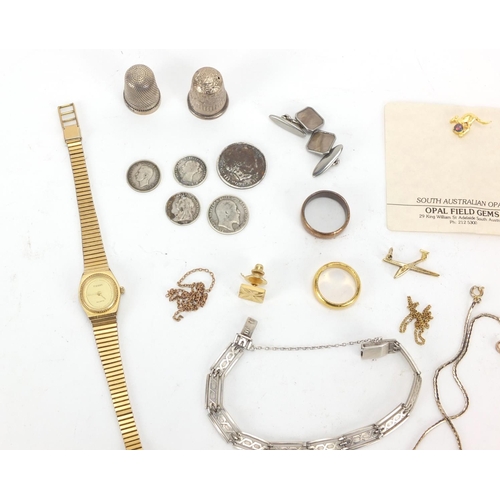407 - Costume jewellery including a Charles Horner silver thimble, silver bracelet, marcasite brooches, la... 