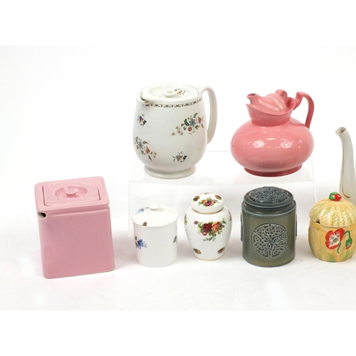 205 - China teapots and storage jars including Wade, Shelley, Crown Devon and Newport