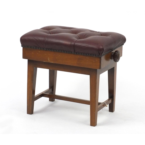 20 - Victorian mahogany adjustable piano stool with leather seat, 47cm H x 52cm W x 38cm D