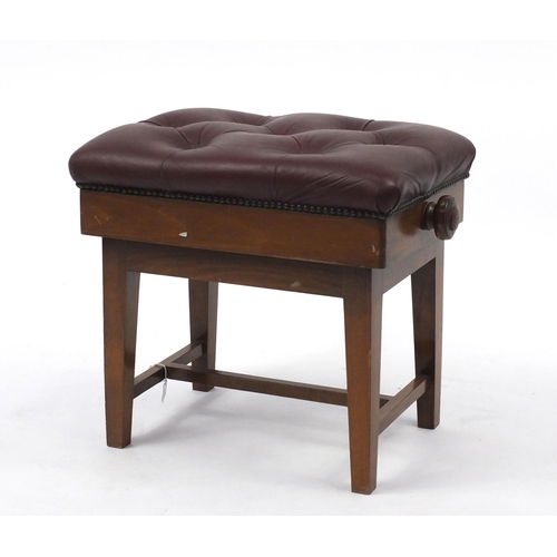 20 - Victorian mahogany adjustable piano stool with leather seat, 47cm H x 52cm W x 38cm D