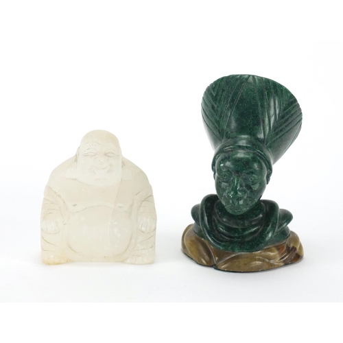 414 - Carved malachite Egyptian bust and a rock crystal carving of seated Buddha, the largest 11cm high