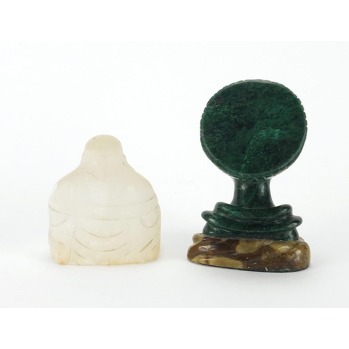 414 - Carved malachite Egyptian bust and a rock crystal carving of seated Buddha, the largest 11cm high