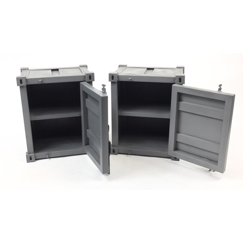 2004 - Pair of metal industrial design bedside chests, 56cm H x 46cm W x 35.5cm D