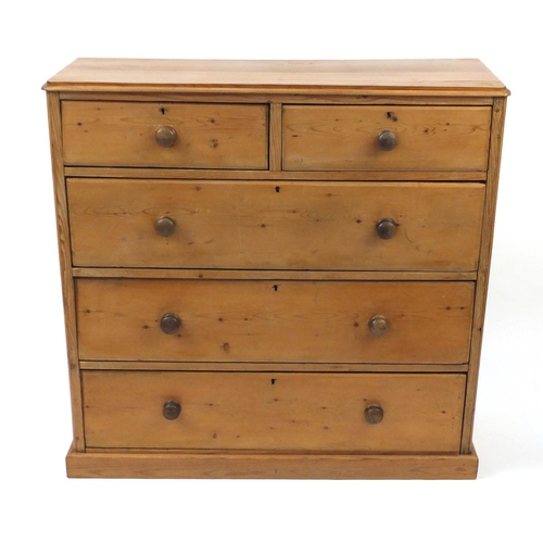 10 - Pine five drawer chest, fitted with two short above three long drawers, 102cm H x 104cm W x 39cm D