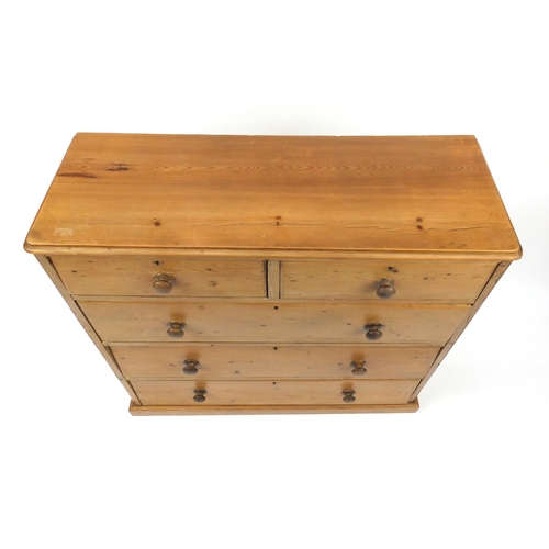 10 - Pine five drawer chest, fitted with two short above three long drawers, 102cm H x 104cm W x 39cm D