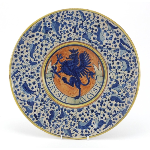 127 - Italian Majolica charger hand painted with a griffin, 37cm in diameter